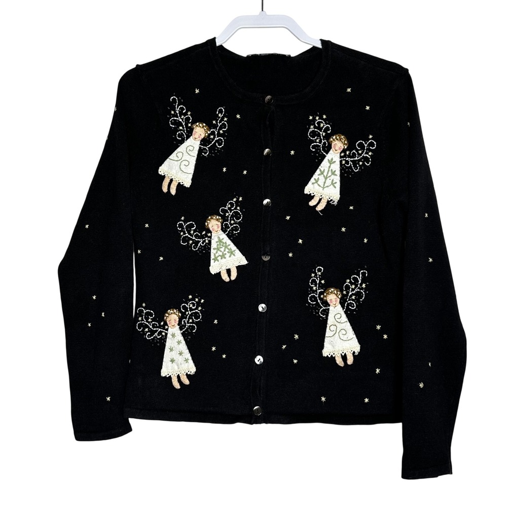 Carroll Reed Black Angel Embroidered Knit Button Cardigan cottagecore